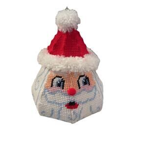 Vintage Needlepoint Santa, candy dish, decor, Distle Fink Designs completed.